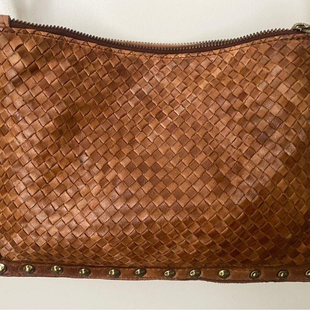 Warm Brown Woven Leather Crossbody Bag with Metal Studs